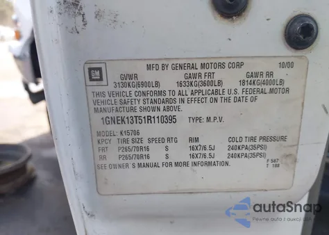 2001 Chevrolet Tahoe Lt from USA, damaged, VIN 1GNEK13T51R110395